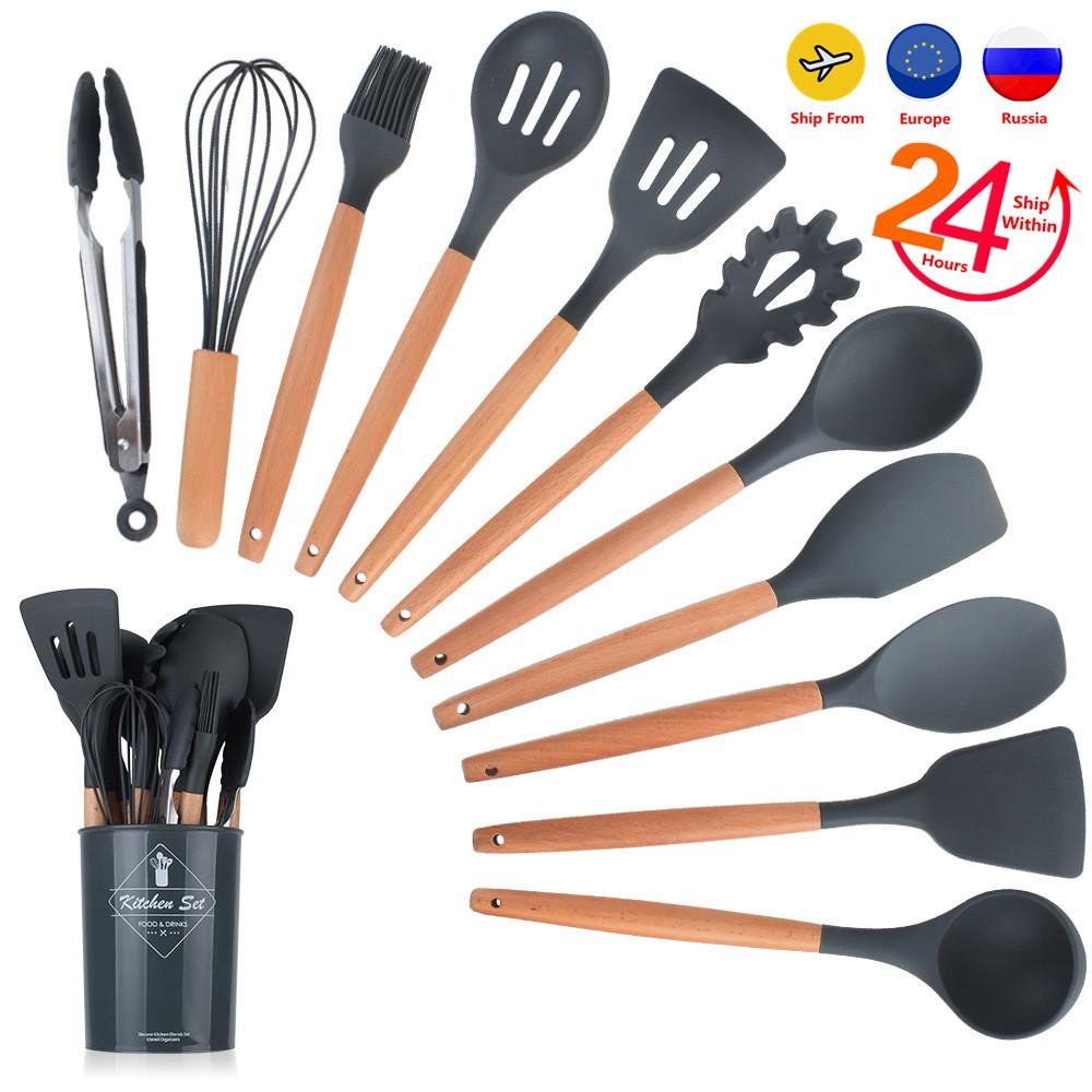 Nhà Bếp Silicon Chống Dính Dụng Cụ Nấu Ăn Muỗng Thìa Đũa Máy Đánh Trứng Tay Cầm Gỗ Đồ Dùng Chén Ăn Bộ Phụ Kiện Cung Cấp