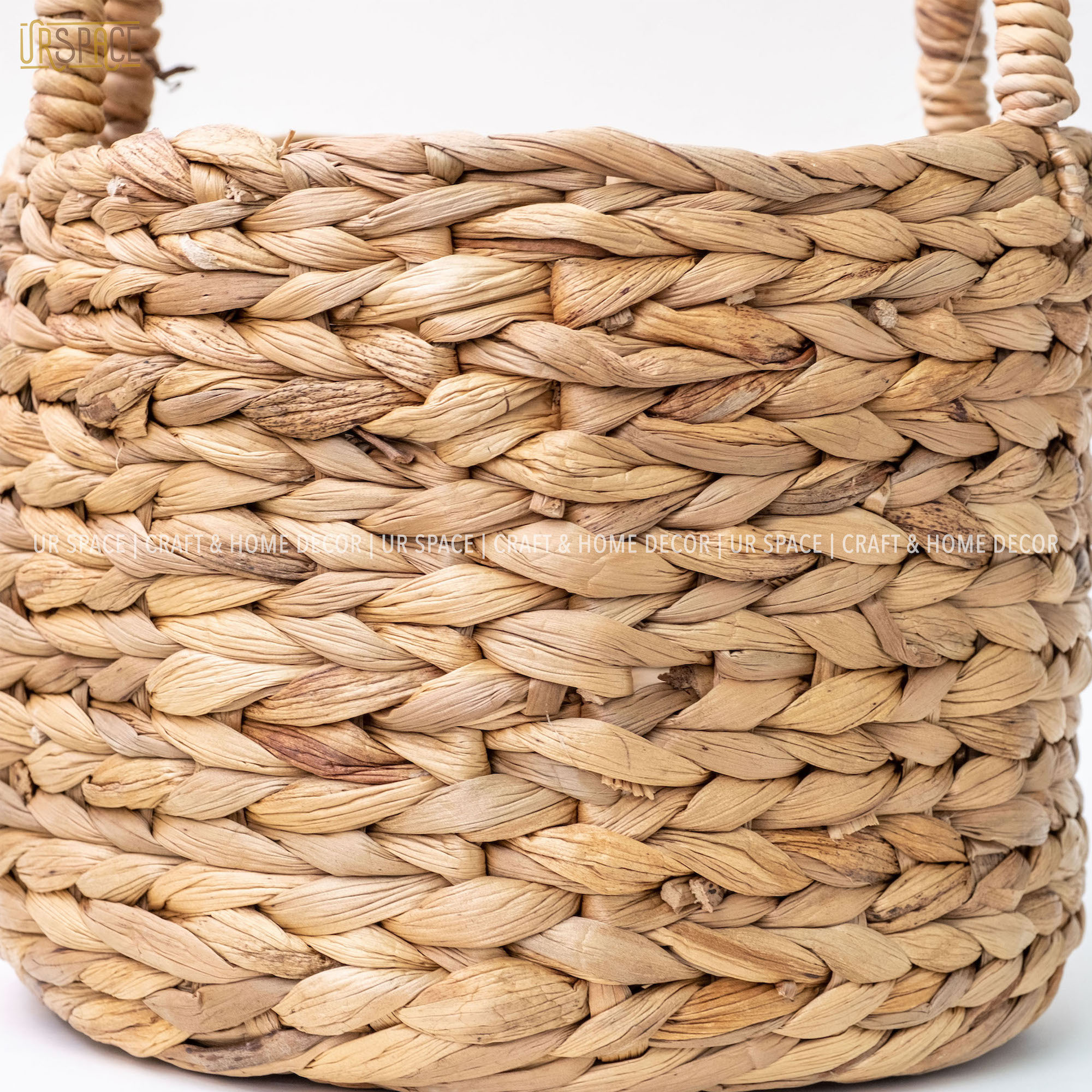 Giỏ lục bình trồng cây, đựng đồ có vải lót URSPACE hình tròn có quai cầm / ROUND HYACINTH STORAGE BASKET