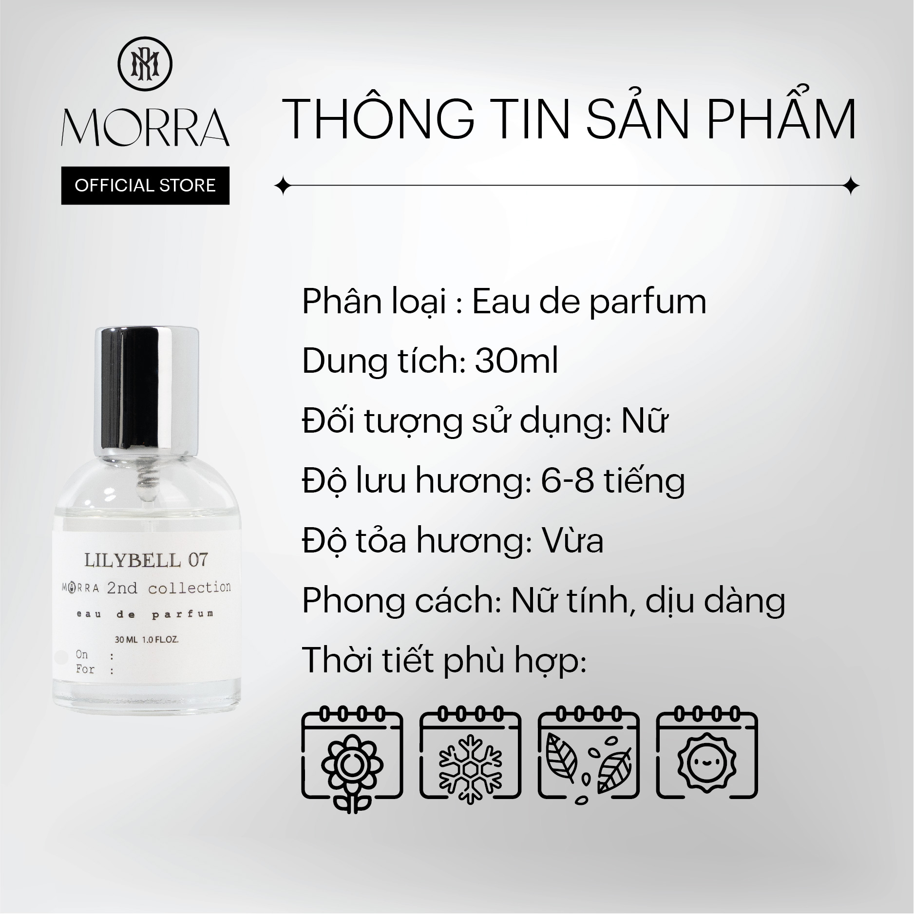 Nước Hoa Nữ Morra Lilybell 07 Chai 30ml Nguyên Liệu Nhập Pháp Hương Thơm Sang Trọng, Nhẹ Nhàng, Ngọt Ngào 30ml - Dạng Xịt