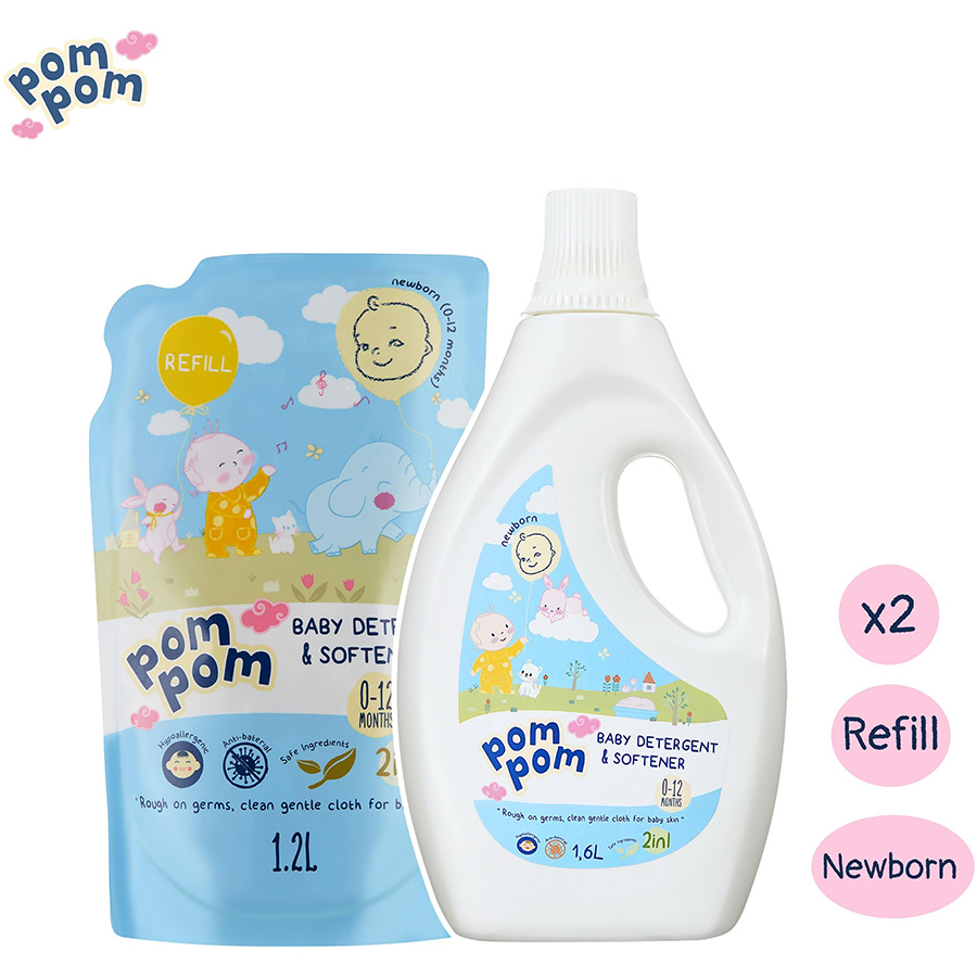 Combo 01 Túi 1.2L + 01 chai 1.6L Nước Giặt xả Pom Pom Newborn chuyên biệt dành cho bé sơ sinh (0 - 12 tháng)