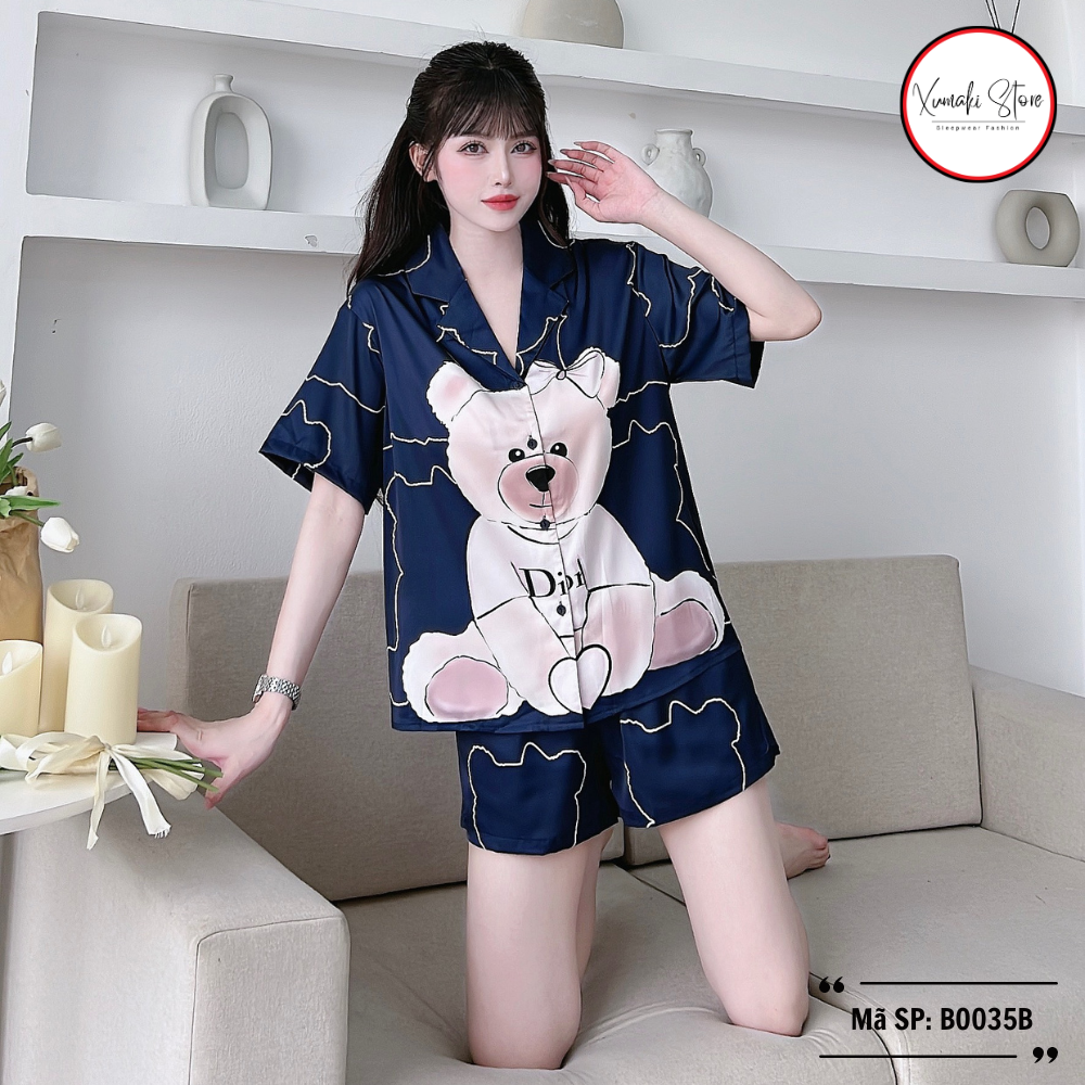 Bộ pijama áo cộc quần đùi hoạ tiết gấu kute 2 màu chất lụa cao cấp Xumaki Store BO035B