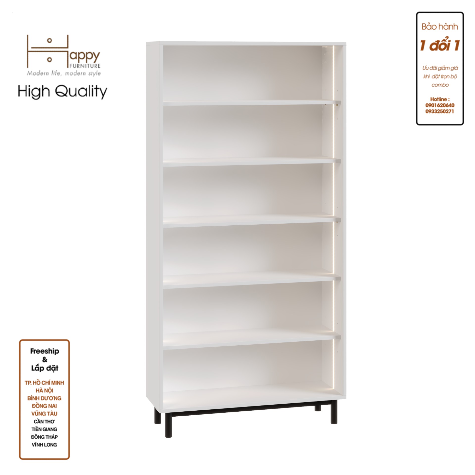 CATY , Kệ sách 6 tầng tích hợp đèn LED - chân sắt , 90cm x 30cm x 180cm , KSA_015_LED