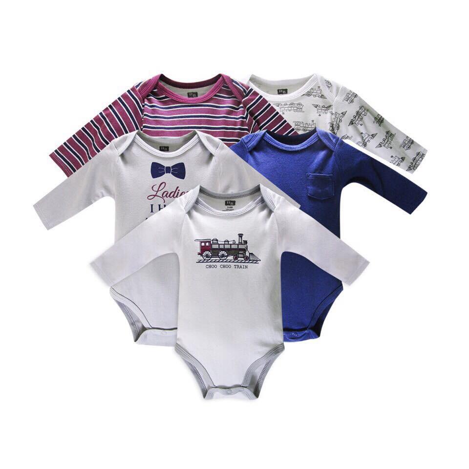 Set 5 body dài tay xuất mỹ cho bé trai và gái từ 0-12 tháng tuổi, set 5 body suit, body suit dài tay (giao màu ngẫu nhiên)