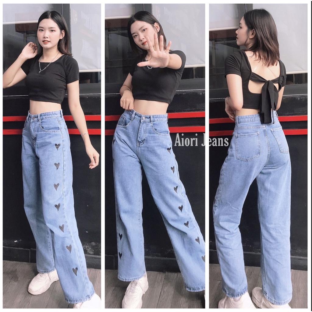 Quần Jeans Nữ - Quần Jean Ống Suông Lưng Cao, Jeans Ống Rộng Cao Cấp, Họa Tiết In Trái Tim Đen, Vải Mềm Mịn, Thoáng Mát