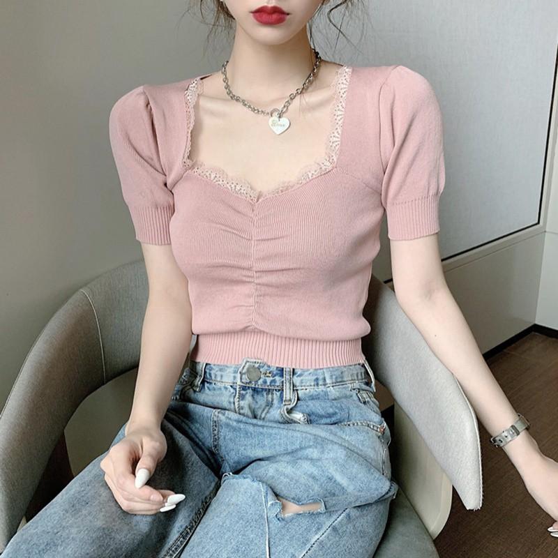 Áo Thun Dệt Kim Tay Phồng Phối Ren Xinh Xắn Cho Nữ