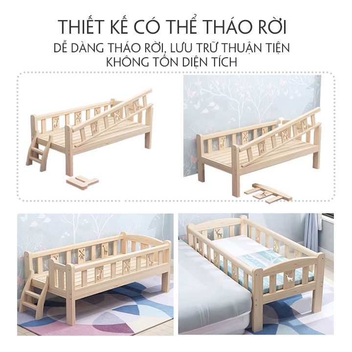 Giường cho bé ghép với giường bố mẹ, giường trẻ em gỗ thông chắc chắn Kích thước 150*70 *40 Cm