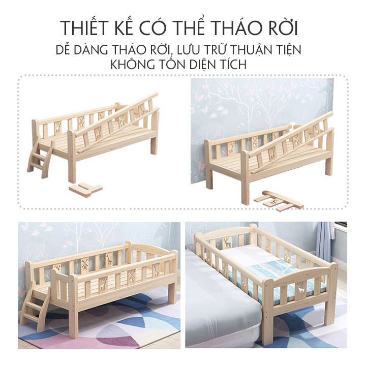 Giường ngủ trẻ em có cầu thang chất liệu gỗ thông