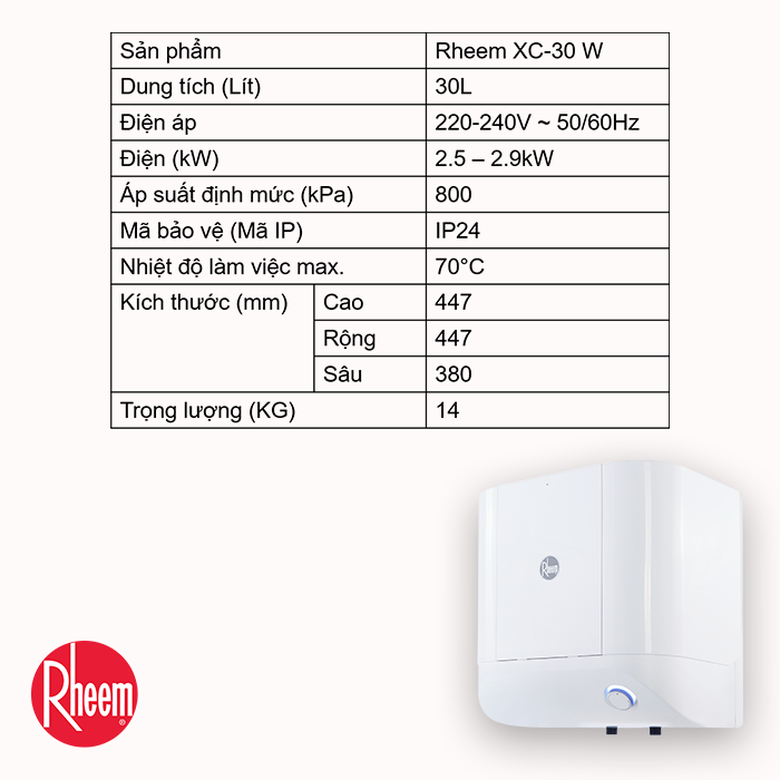 Bình Nước Nóng Gián Tiếp Rheem XC-30 W - Hàng chính hãng