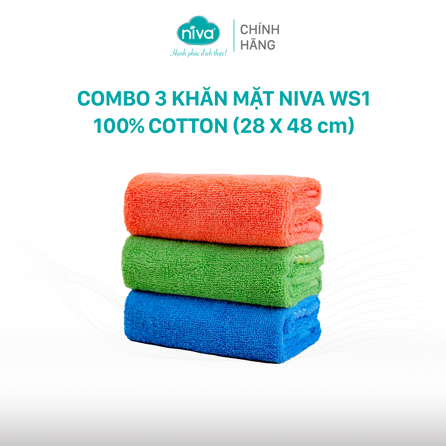 Combo 3 Khăn Mặt Cotton Tự Nhiên 100% Niva WS1 Mềm Mịn Thấm Hút Tốt, An Toàn Cho Da, Hoa Văn Kích Thước 280x460 mm