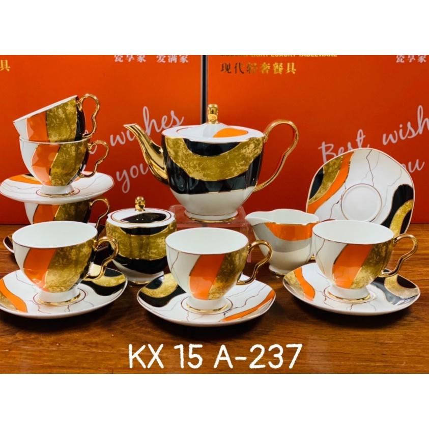 Bộ ấm chén sứ xương viền vàng cao cấp kèm bình đường rót sữa, bộ ấm pha trà kèm giá treo sang trọng.