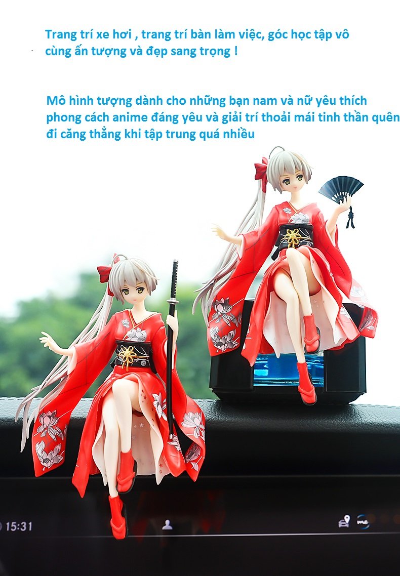 Mô hình tượng Cô gái Nhật Bản mặc kimono đỏ cầm quạt.