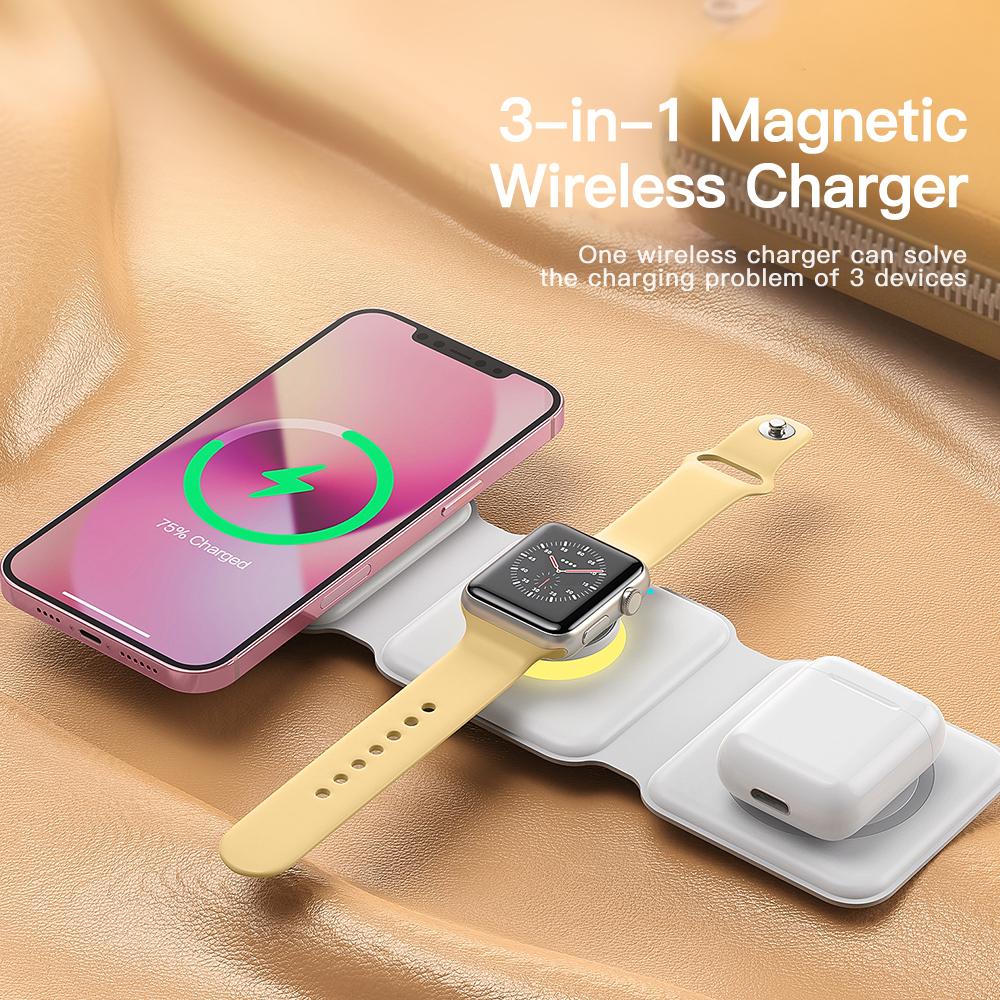 Essager 3 trong 1 từ tính 15W QI Bộ sạc không dây có thể gập lại cho iPhone 14 13 12 /AirPod /iWatch 7 6 sạc nhanh