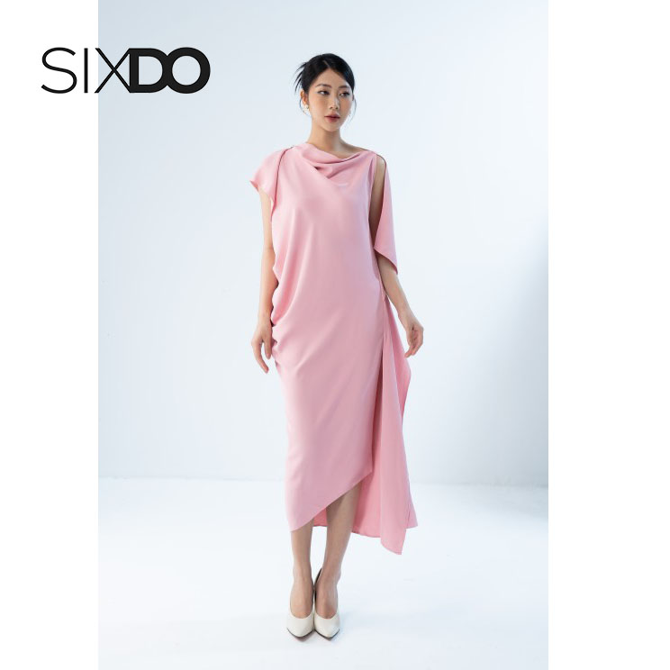 Đầm lụa hồng midi xẻ tà SIXDO