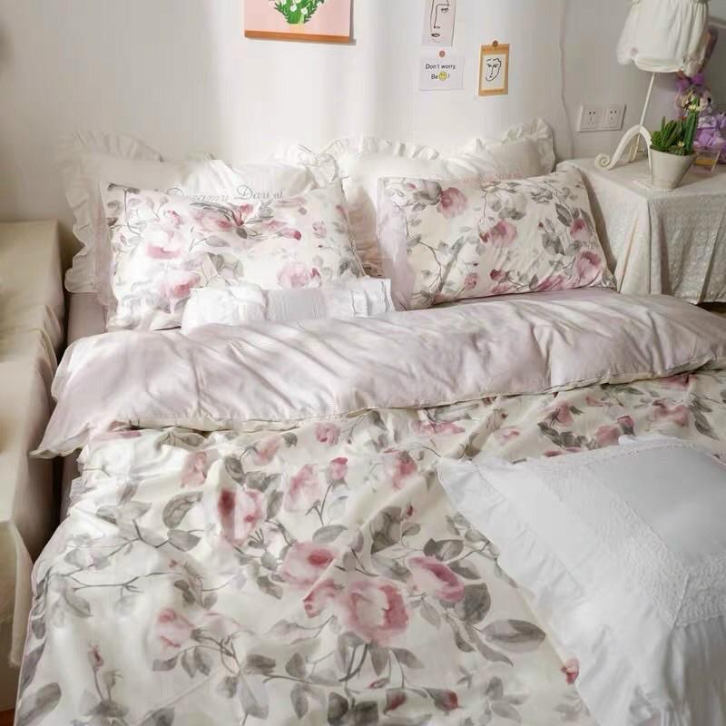 Bộ Chăn Ga Gối Cotton Living 100%cotton Hàng Nhập Khẩu Cao Cấp 4 Món Hoa Vintage Nhẹ Nhàng Cho các Nàng Thơ