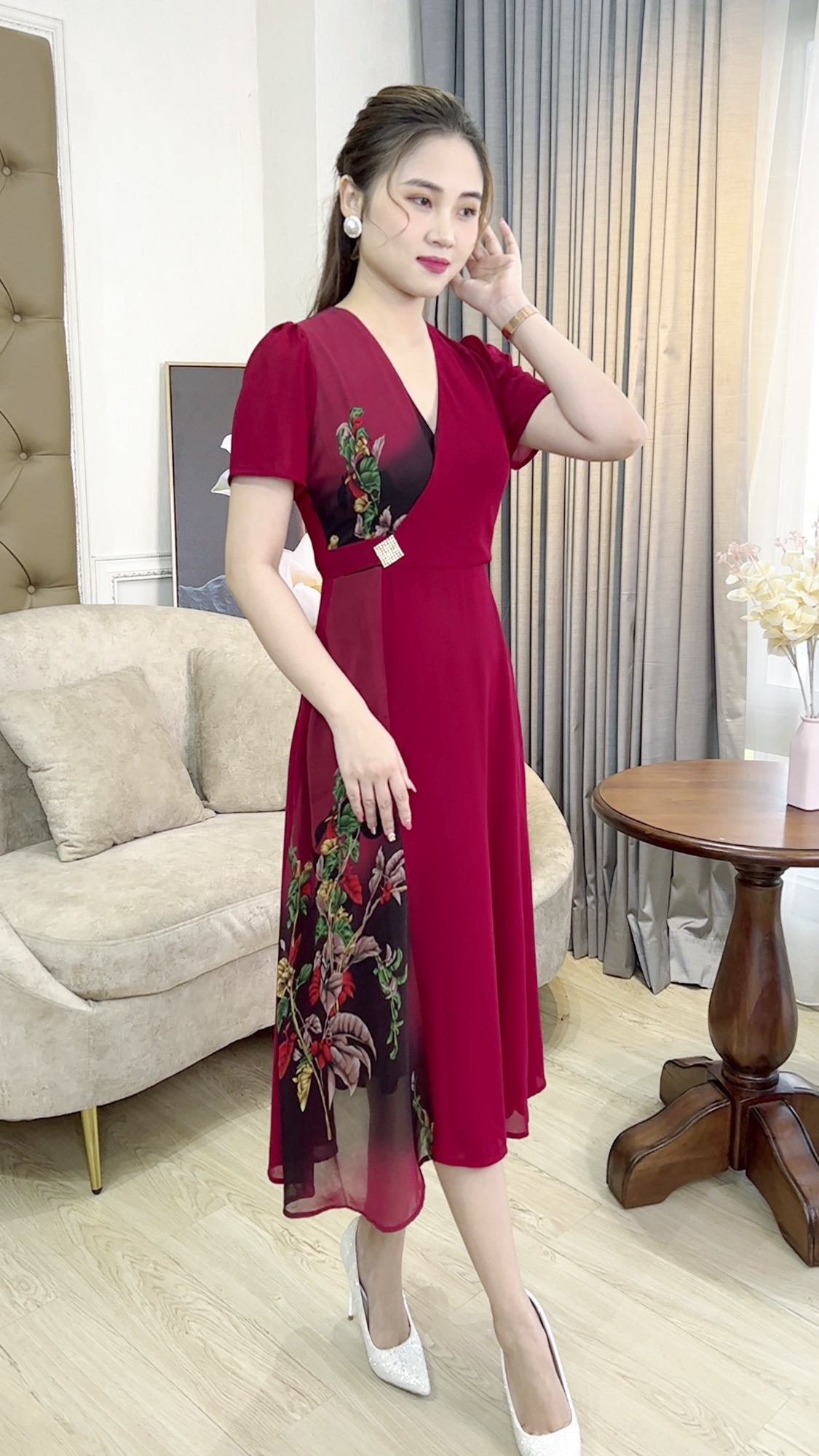 Đầm Đi Tiệc Trung Niên [ Linh Trà ] (TM 392) Cao Cấp Trẻ Trung Họa Tiết Sang Trọng Đi Làm Đi Tiệc
