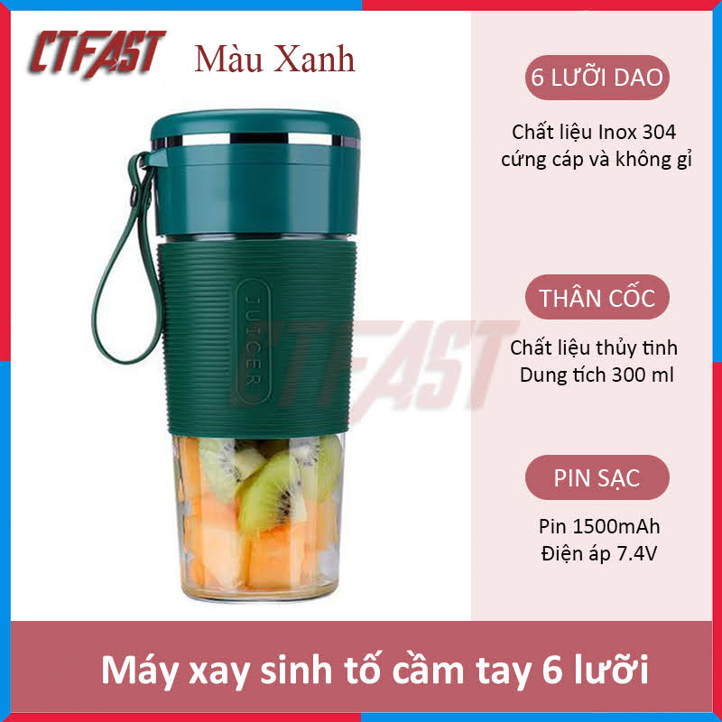 Máy xay sinh tố cầm tay mini, cốc xay sinh tố đa năng CTFAST - JUICER 01 (50W - 300ml) : Thiết kế cảm ứng tự động, cốc xay thủy tinh an toàn tuyệt đối khi sử dụng, pin sạc 1500 mAh - Hàng chính hãng