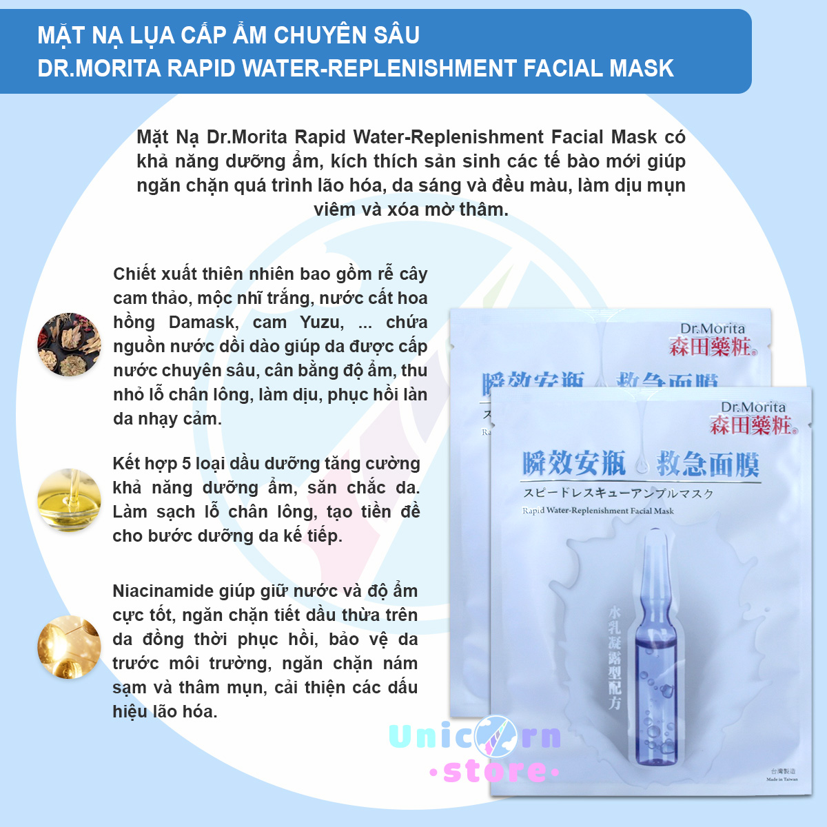 Mặt Nạ Lụa Cấp Ẩm Chuyên Sâu Dr.Morita Rapid Water-Replenishment Facial Mask