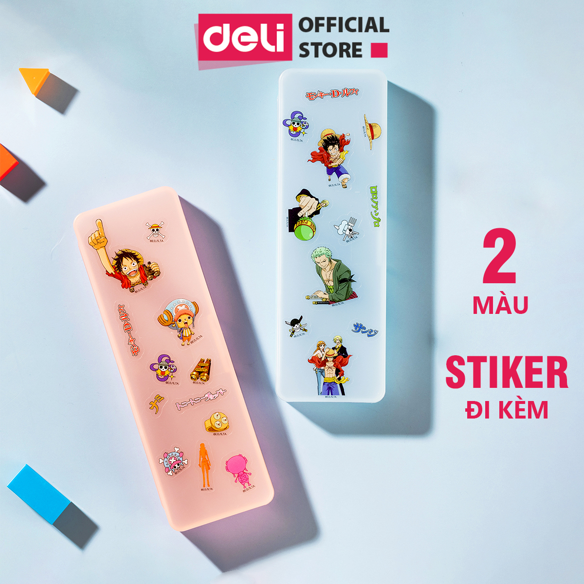 Hộp đựng bút nhựa học sinh Đảo Hải Tặc One Piece tặng kèm sticker Deli - Màu xanh / hồng - Nhựa an toàn - EH901