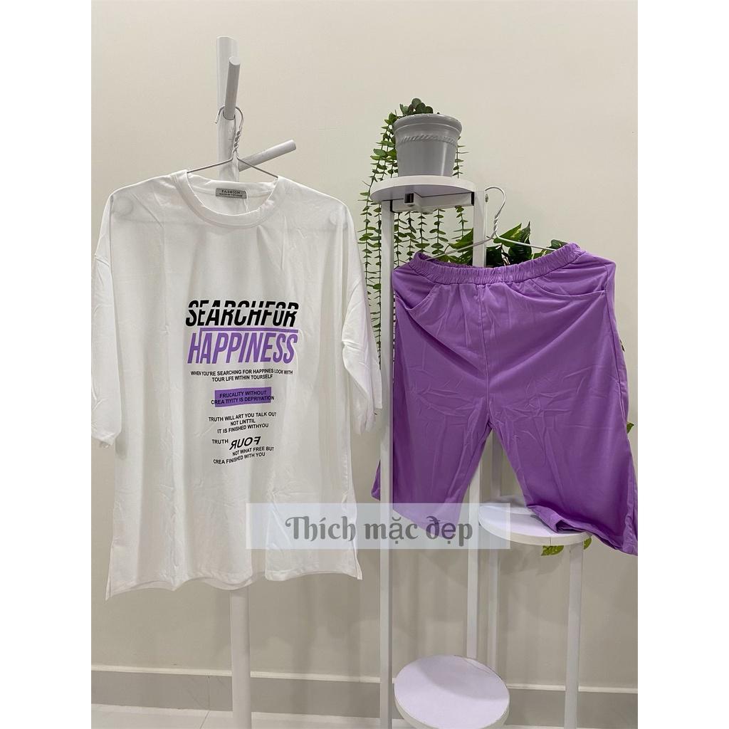 Đồ bộ nữ thun cotton form rộng style hàn quốc tay ngắn quần đùi lửng ôm in chữ cá tính 03 màu đen tím vàng
