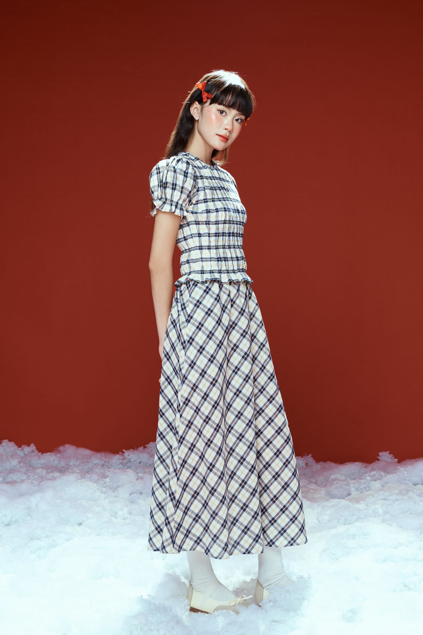 DOTTIE - Chân váy midi kẻ ô - Xanh đen - S0253