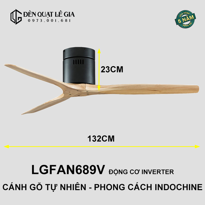 Quạt Trần Cánh Gỗ Phong Cách Indochine Lê Gia LGFAN689G - Chiều Cao 23cm - Sải Cánh 132cm - Bảo Hành 5 Năm