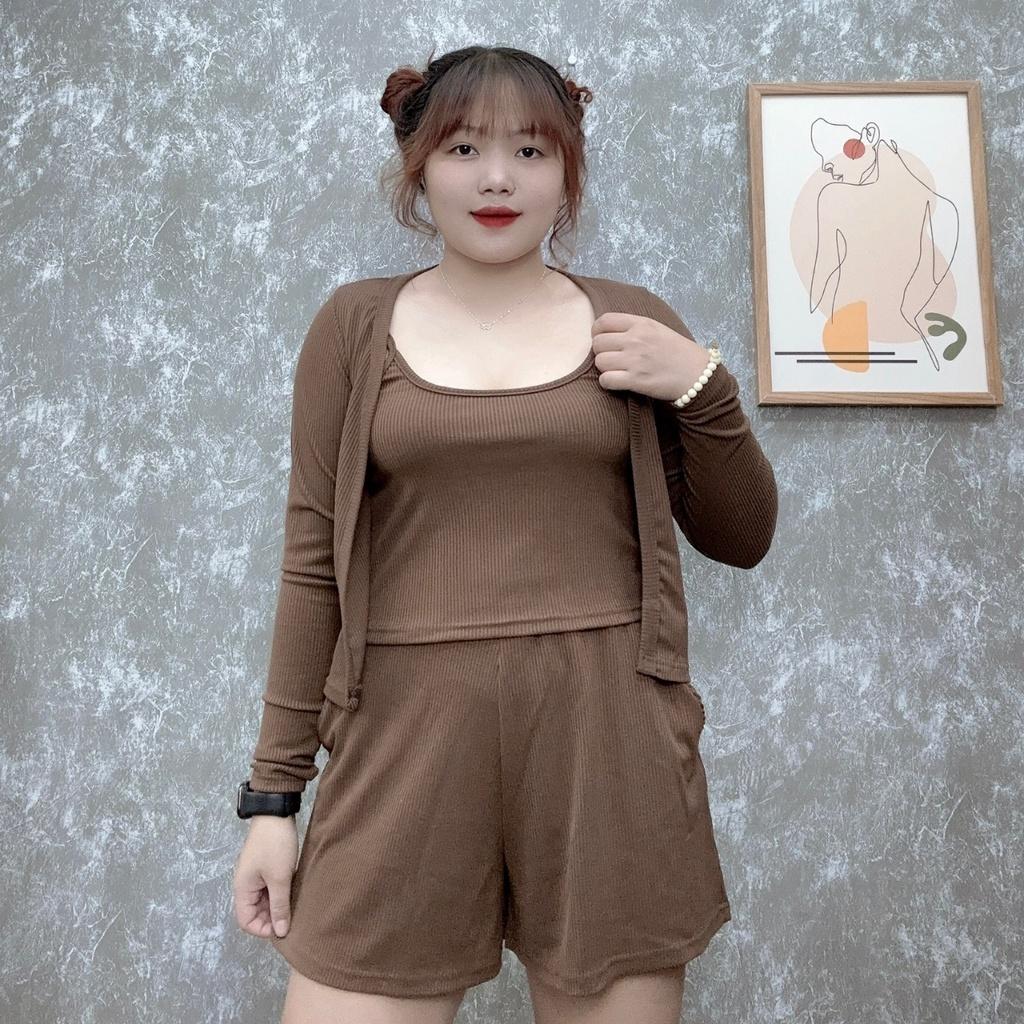 Set 3 món bigsize nữ gồm áo khoác ngoài và áo dây và quần đùi lưng thun chất liệu gân co giã mát mẻ SET12