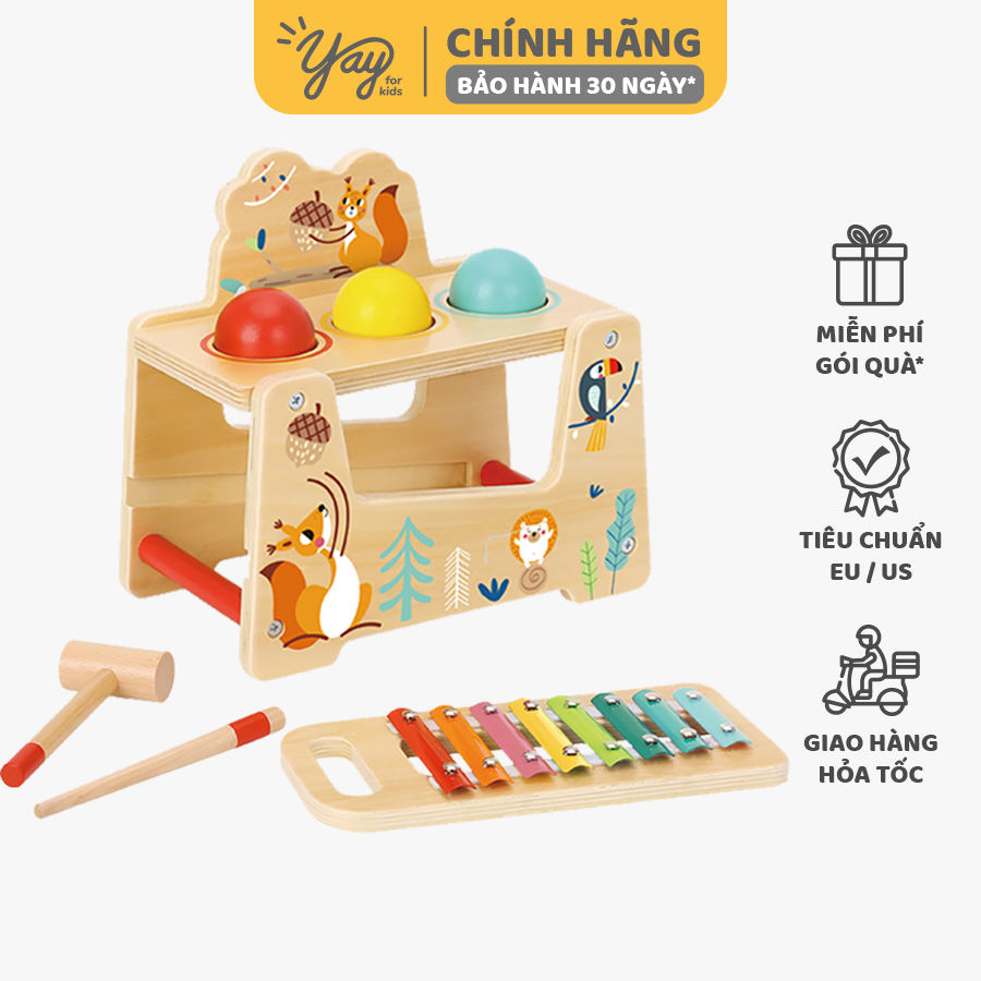 [COMBO 2 TRONG 1] Đập Bóng Nảy Nhạc - Đập Bóng Gỗ Montessori TOOKY TOY 12M+