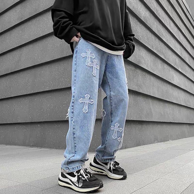 Quần Jean Nam Ống Suông, Quần Baggy Jean Nam Ống Rộng Thêu Thánh Giá