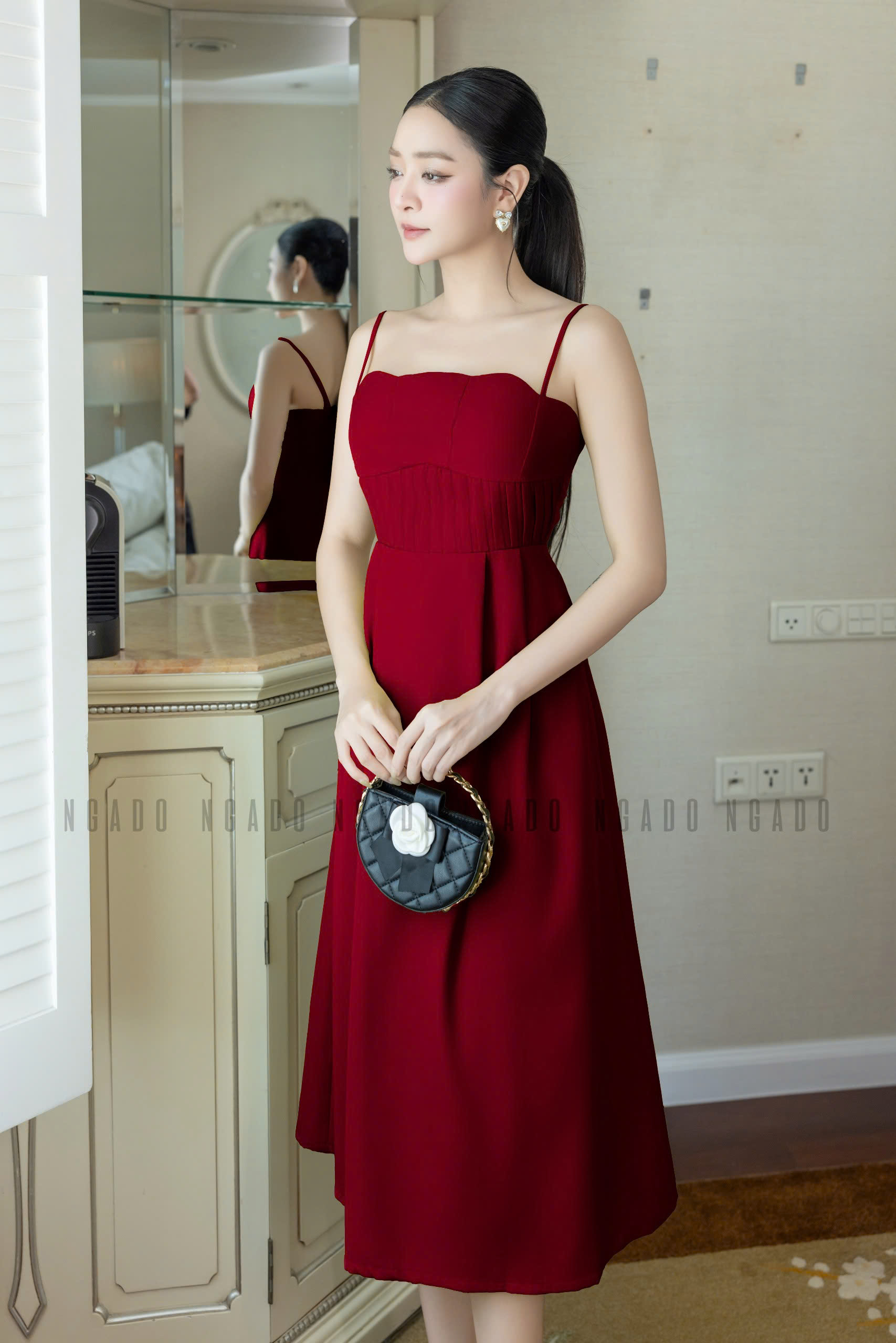 Đầm đỏ hai dây xếp ly ngực NGADO , đầm hai dây , đầm Nữ , đầm dự tiệc