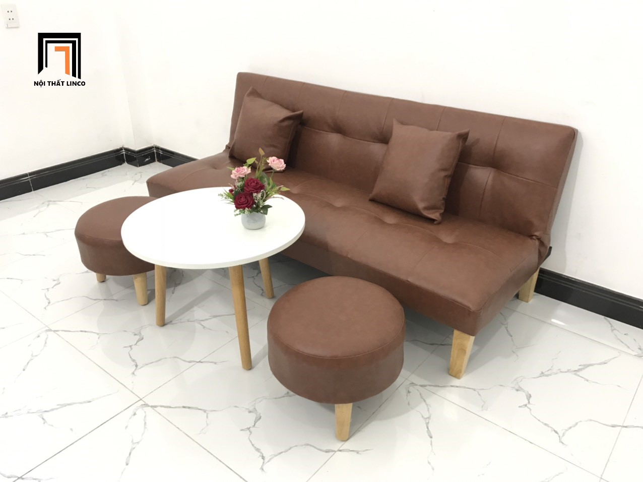 Bộ ghế sofa giường màu nâu cafe simili giả da nhiều kích cỡ