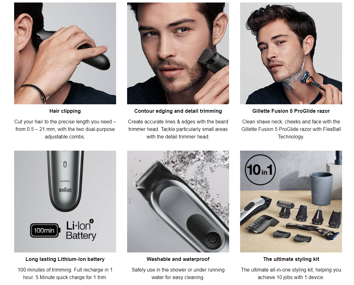 Tông đơ cắt tóc đa năng Braun 10 in 1 | kèmđầu cạo, tỉa râu & lông mũi