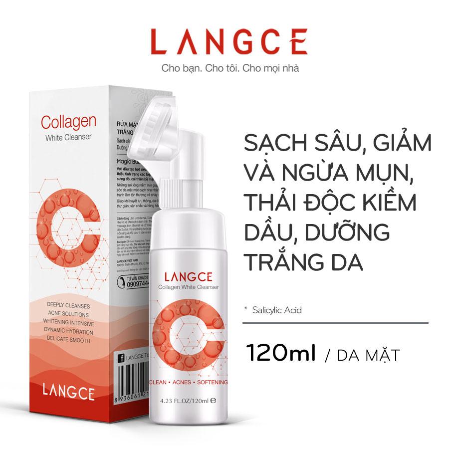 Collagen Rửa Mặt Cọ Massage Trắng Da 120ml Hộp Đỏ TẶNG Tẩy Tế Bào Chết Da Mặt Trà Xanh 100ml LANGCE