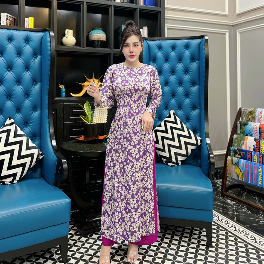 Áo dài lụa truyền thống may sẵn in họa tiết hoa 3D Lady Fashion dự tiệc lễ tết năm 2023 – AD01