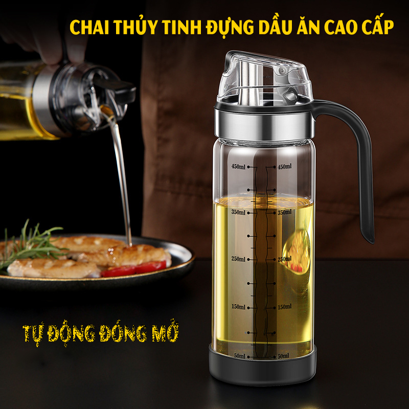 Chai Thủy Tinh Đựng Dầu Ăn Vòi Sắt Có Nắp Đậy Tự Động, Có Tay Cầm Tiện Lợi Dung Tích 550Ml