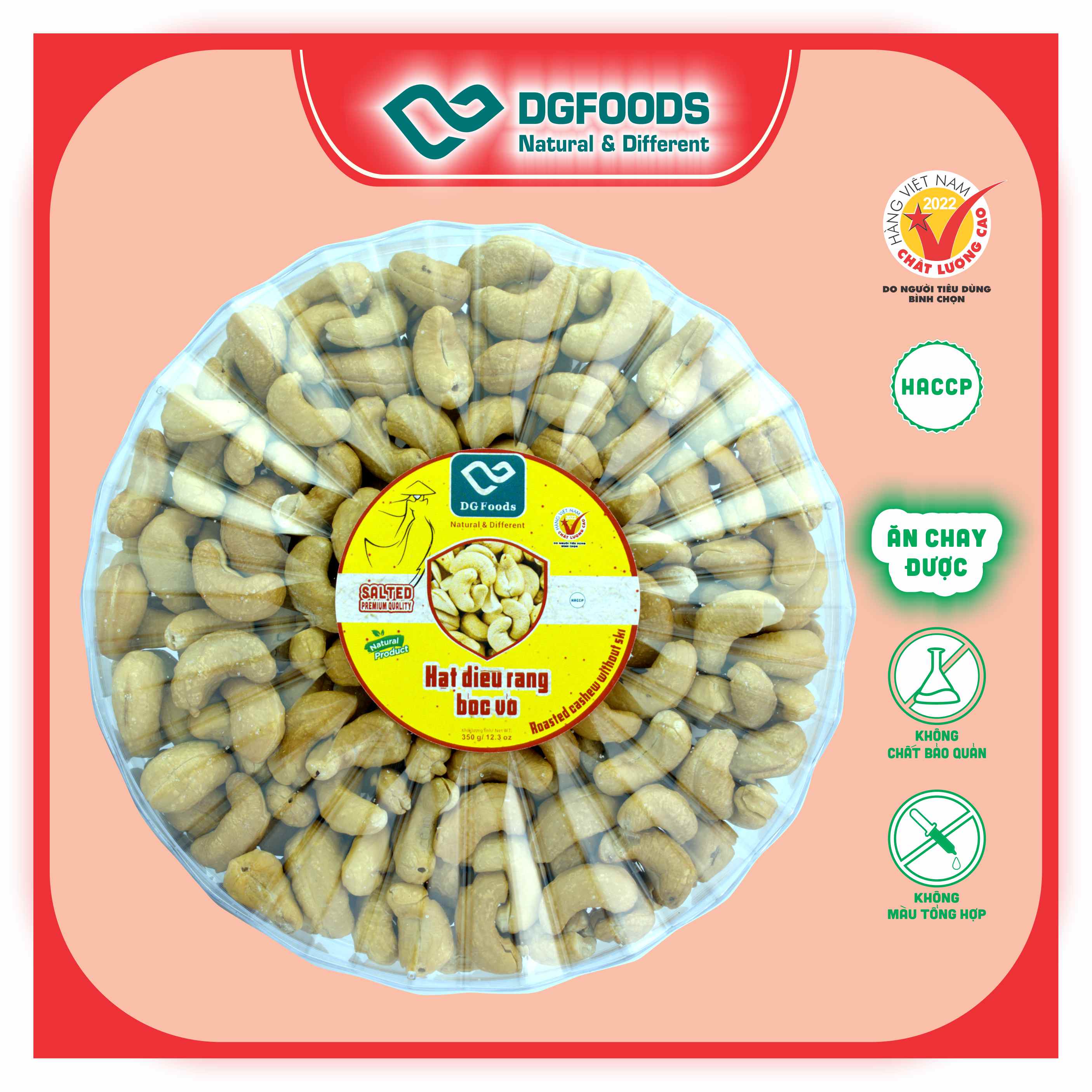 Hạt Điều Rang bóc vỏ Dgfoods 350g/hộp tròn Sun, HVNCLC, Haccp, Halal, Ăn chay, Ăn kiêng, Đặc sản Cần Thơ, hạt điều Bình Phước, hạt dinh dưỡng, quà Tết, hàng Tết, quà tặng, quà tặng cao cấp