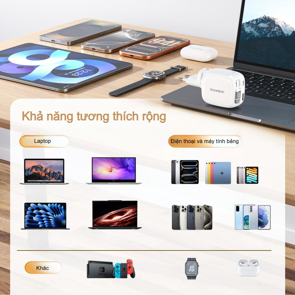 Bộ sạc nhanh Choetech PD6123 GaN 65W tích hợp dây USB C và chân cắm gập gọn (Hàng chính hãng)