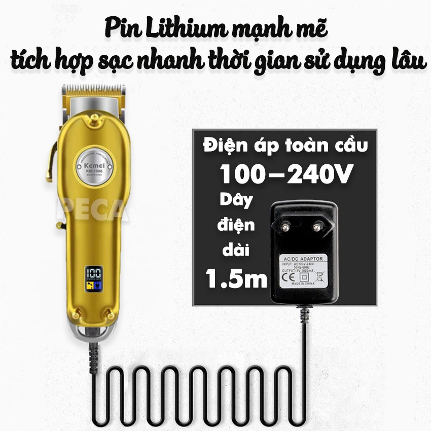 Tông đơ cắt tóc không dây chuyên nghiệp Kemei KM-1986 pin trâu màn hình hiển thị LCD dùng cắt tóc, cạo trắng tattoo tóc thích hợp sử dụng cho Barber shop, tiệm tóc ( Màu vàng )