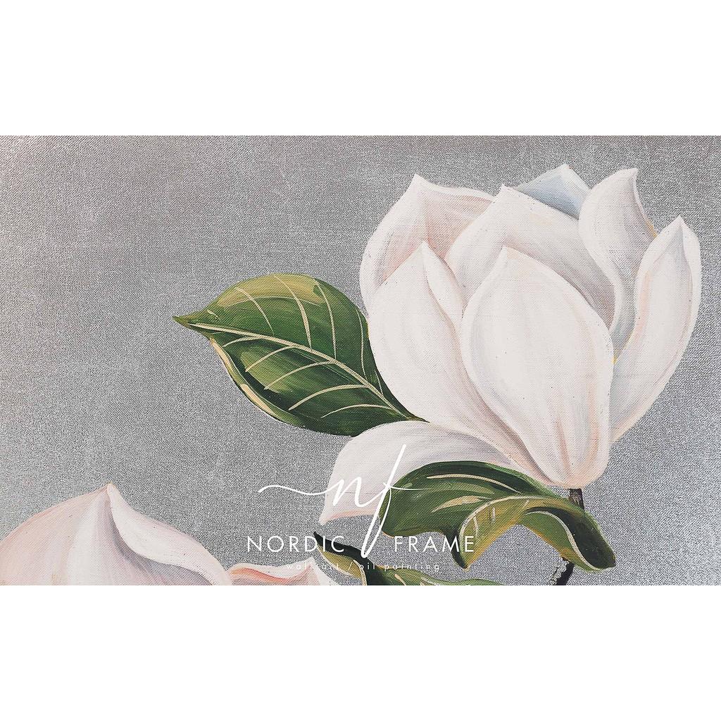 Tranh sơn dầu cao cấp - NORDIC FRAME - Tranh hoa Mộc Lan dát bạc, vẽ tay 100%, đẳng cấp và sang trọng, vẽ theo yêu cầu
