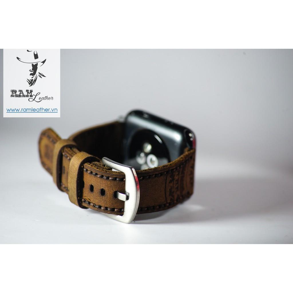 DÂY APPLE WATCH DA BÒ HANDMADE - RAM TRỐNG ĐỒNG NÂU ĐẤT