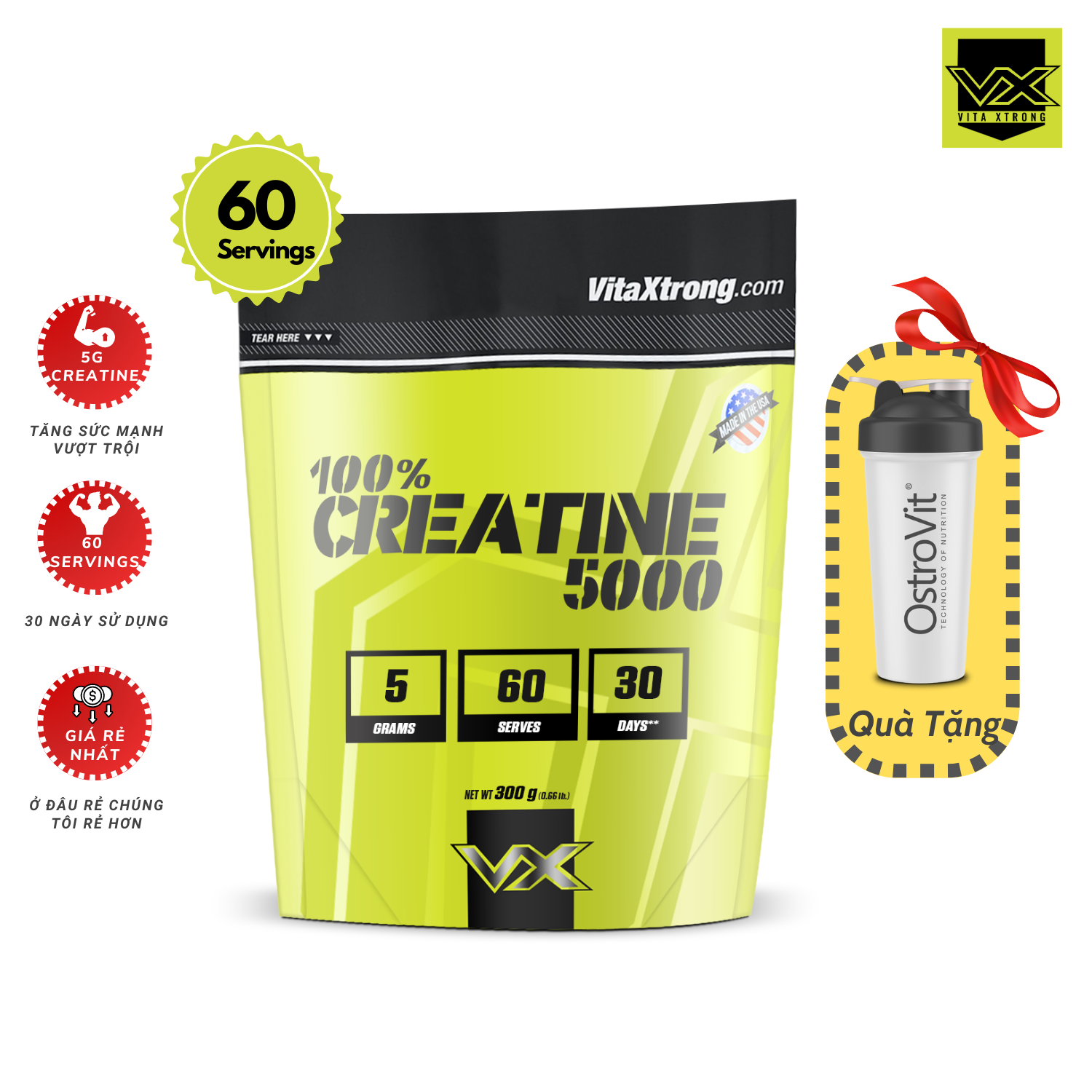 100% Creatine 5000 Vitaxtrong Hỗ Trợ Tăng Sức Mạnh Vượt Ngưỡng Trong Tập Luyện