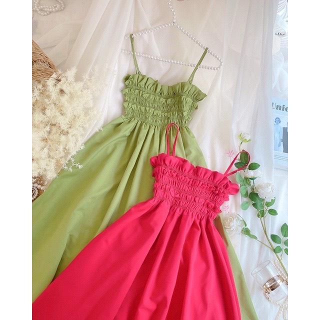Đầm maxi đi biển 2 dây nhún ngực cột dây nơ lưng mùa hè Ulzzang