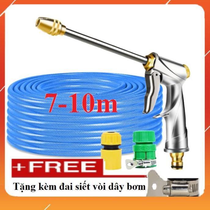 Bộ dây vòi xịt bơm nước tưới rửa , tăng áp 3 lần, loại 7m, 10m 206701-2 đầu đồng,cút, + đai