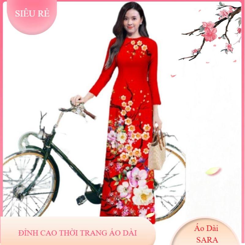 SÉT ÁO DÀI LỤA ĐỎ HOA ĐÀO VN