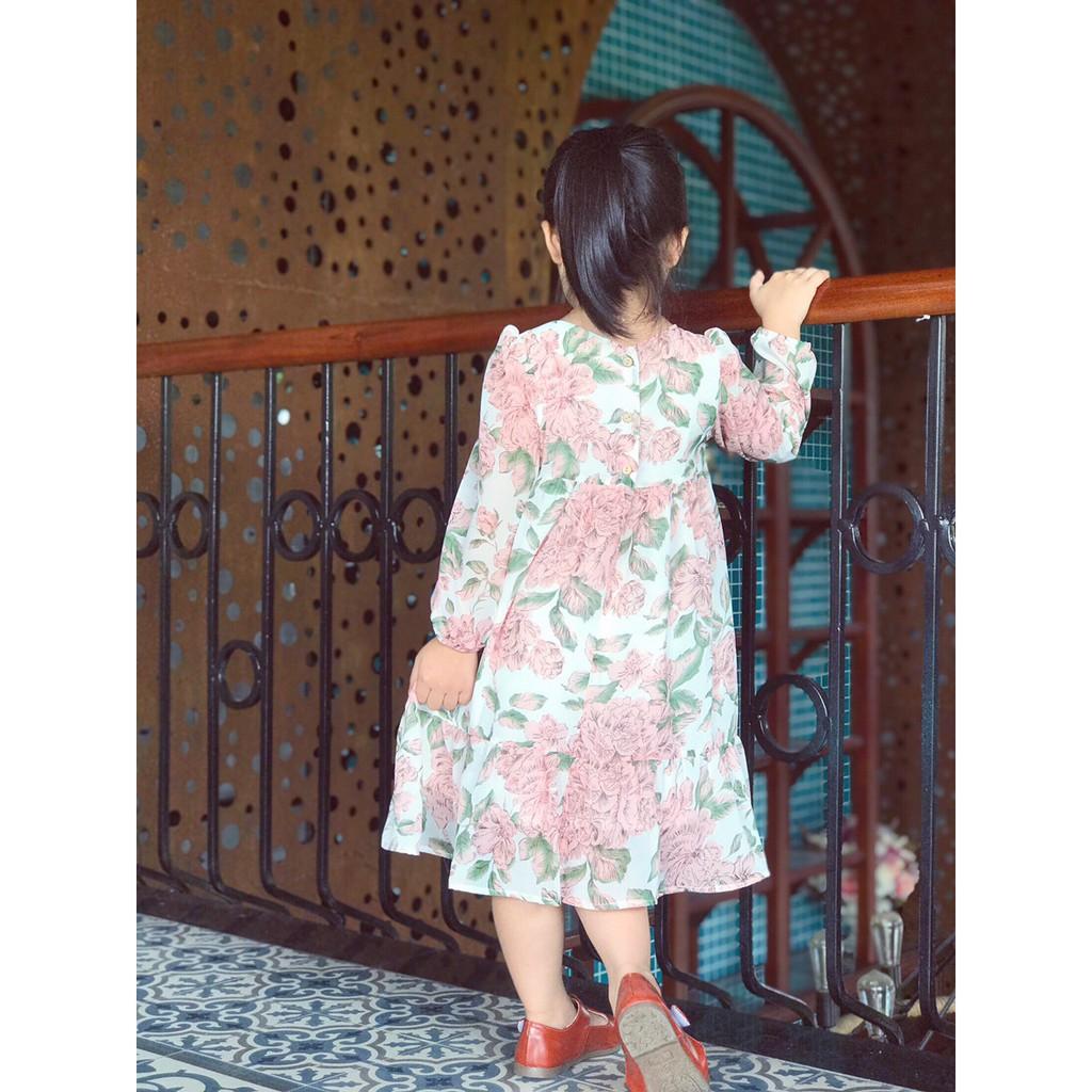 Váy hoa hồng tiểu thư voan nhẹ cho bé gái