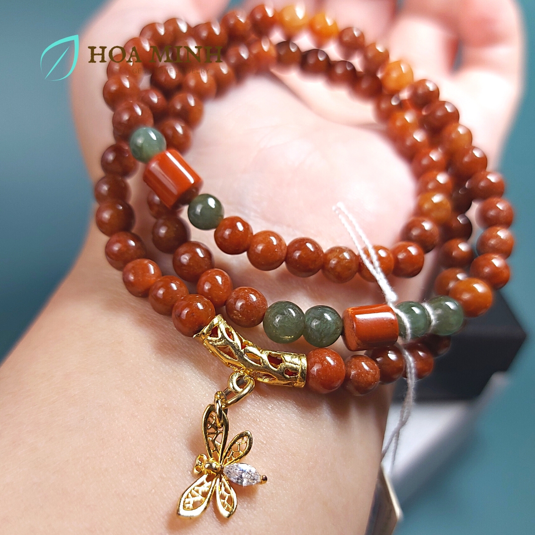 Vòng tay chuỗi Cẩm Thạch Huyết size 5.5 li phong cách đeo quấn 3 vòng phối charm bướm, ngọc jasper, có thể làm vòng cổ