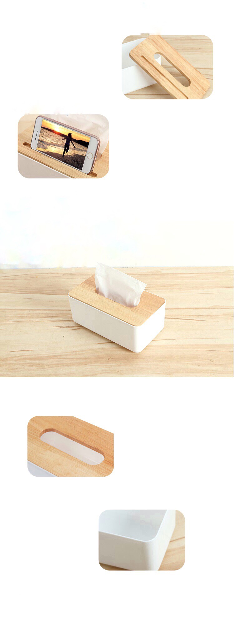 Hộp đựng giấy ăn bằng nhựa trắng kết hợp mặt gỗ phong cách hàn quốc