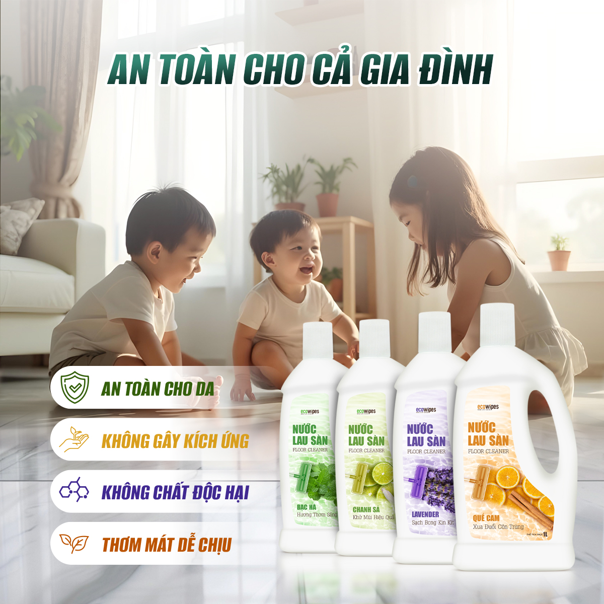 Thùng 4 Chai Nước lau sàn EcoWipes chai 1 Lít Hương tự nhiên thơm mát bảo vệ khỏi côn trùng