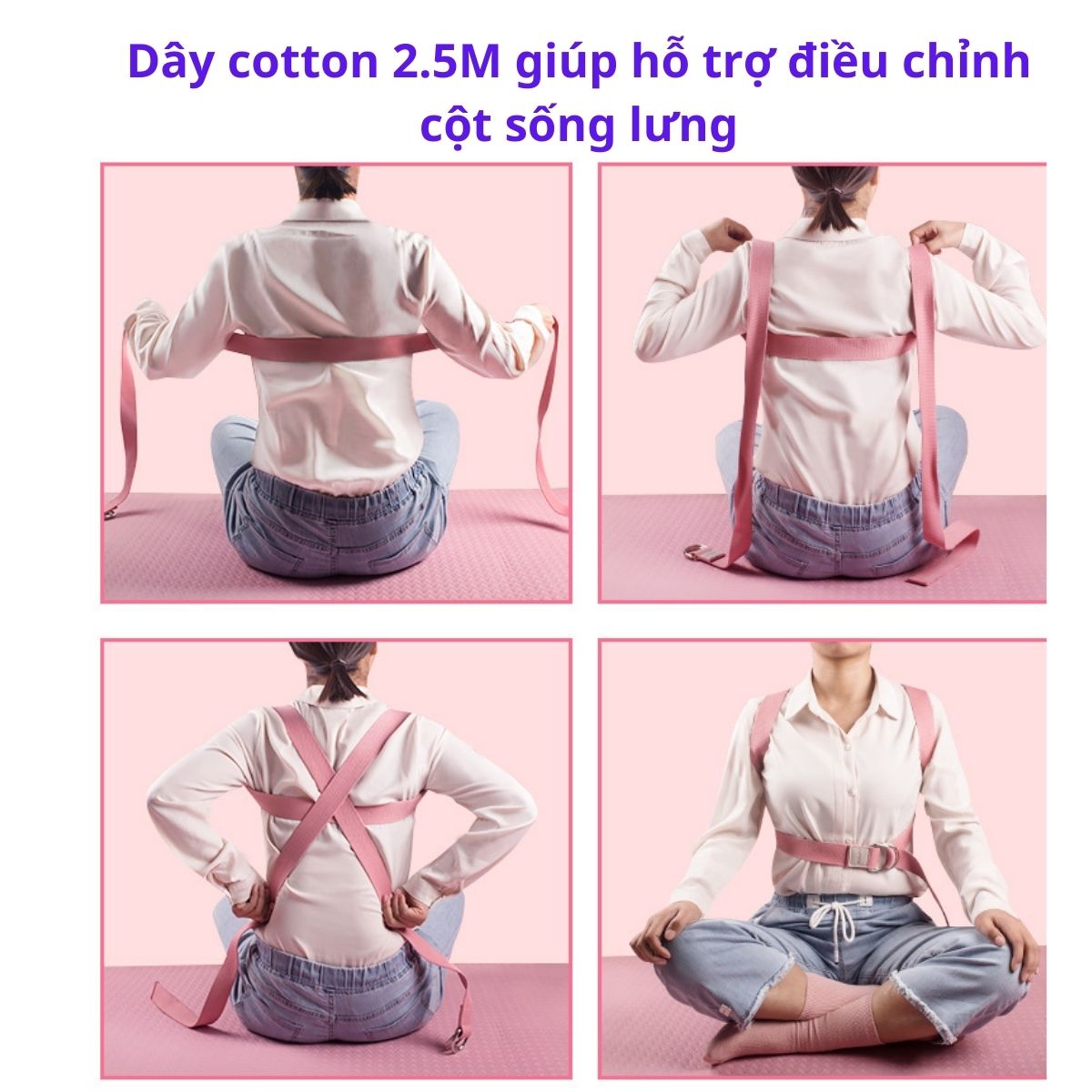 Dây Đai Tập Yoga Cotton Dài 2.5m khuyên vuông kèm thun buộc , Bản 3.8cm , Dày 2mm , cải thiện , nắn chỉnh cột sống