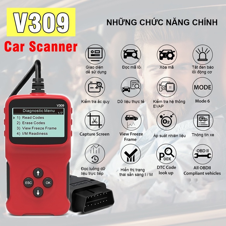 Máy quét mã ô tô OBD2 đa năng, thiết bị đầu đọc chuẩn đoán xóa mã lỗi động cơ xe hơi tự động loại tốt cắm sử dụng trực tiếp