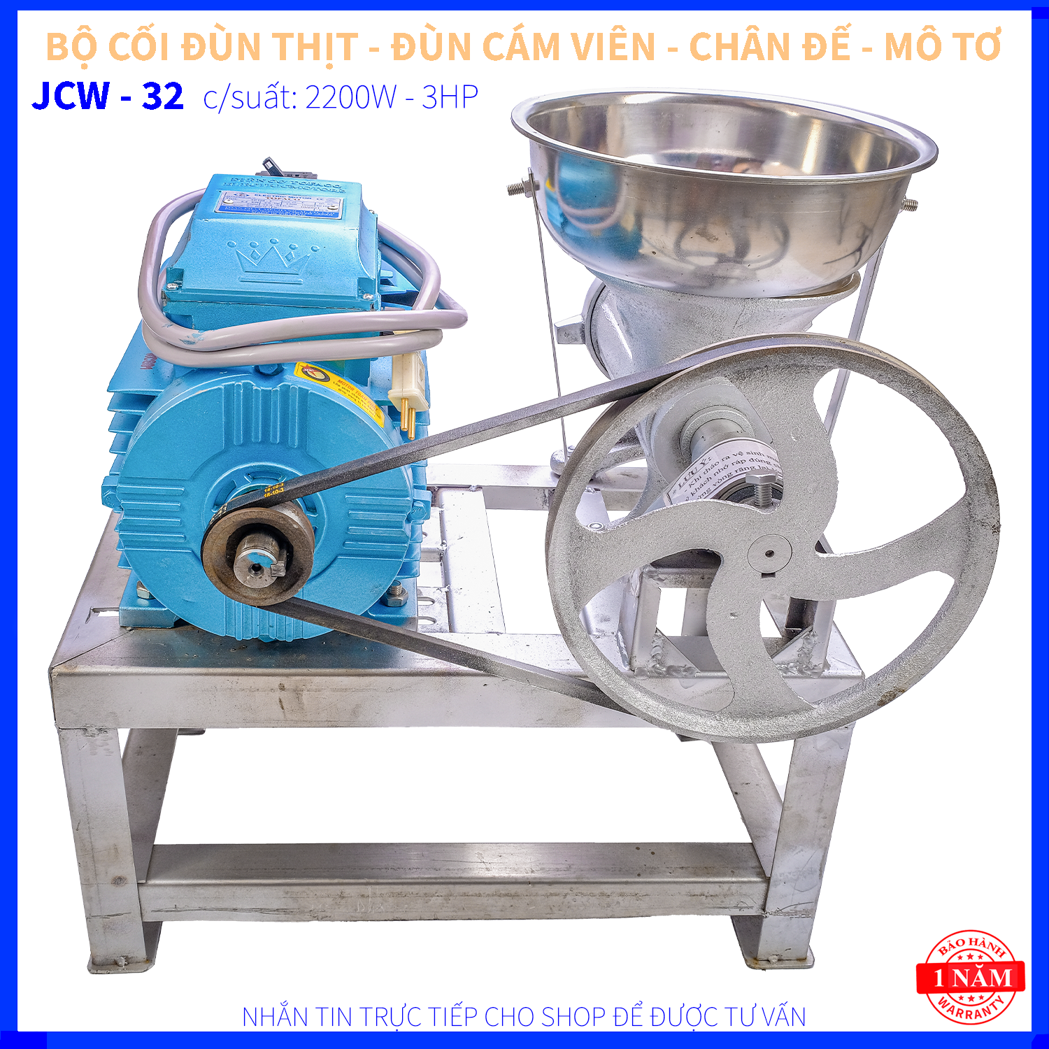 CỐI ĐÙN THỊT JCW 32 GANG 100% - CHÂN ĐẾ SẮT - 2 DÂY CURO - MÔ TƠ 2.2KW - 3HP